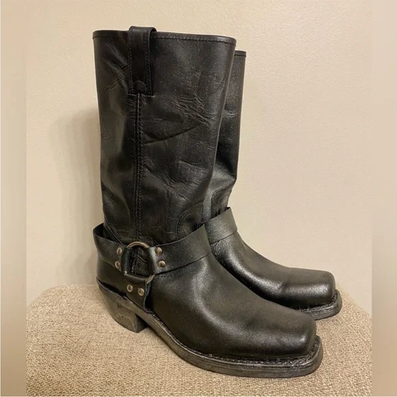 $495 Frye Harness Black Biker Square Toe Metallic Glitter Cowboy Boots - Picture 4 of 16